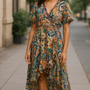 Floral Wrap Dress in Blue and Brown